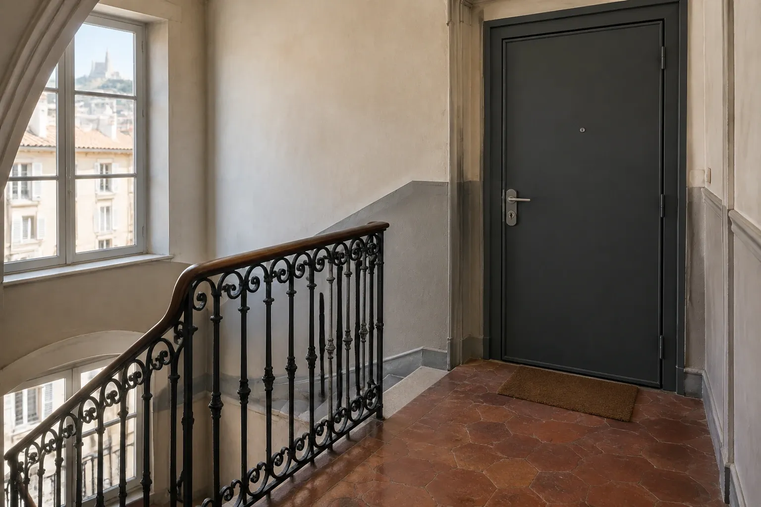 Palier d'immeuble avec porte blindée grise, sol en carreaux rouges, rampe en fer forgé